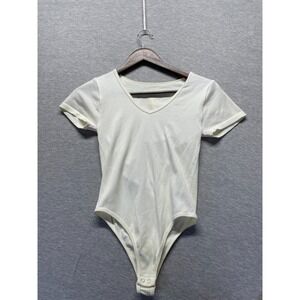 Gypsy + Jade Ribbed Knit Thong Bodysuit Womens Small Medium White Nylon V Neck